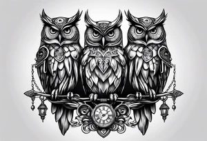 three headed owl in steampunk tattoo idea