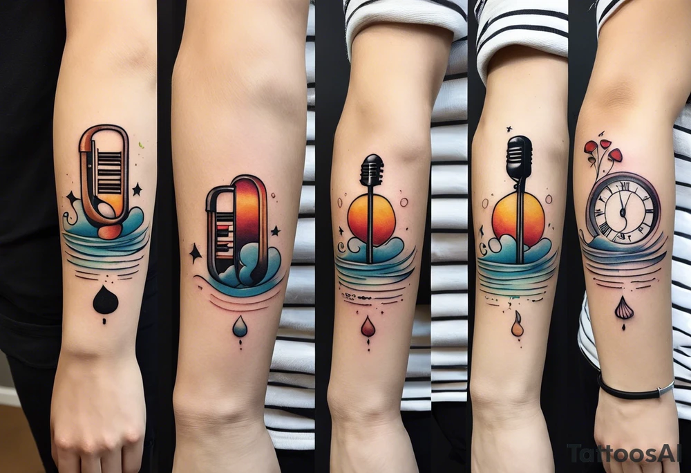 simple icons down the back of the arm featuring four icons:

1. a music note on a staff
2. a wave of water
3. a pocket
4. mushroom tattoo idea
