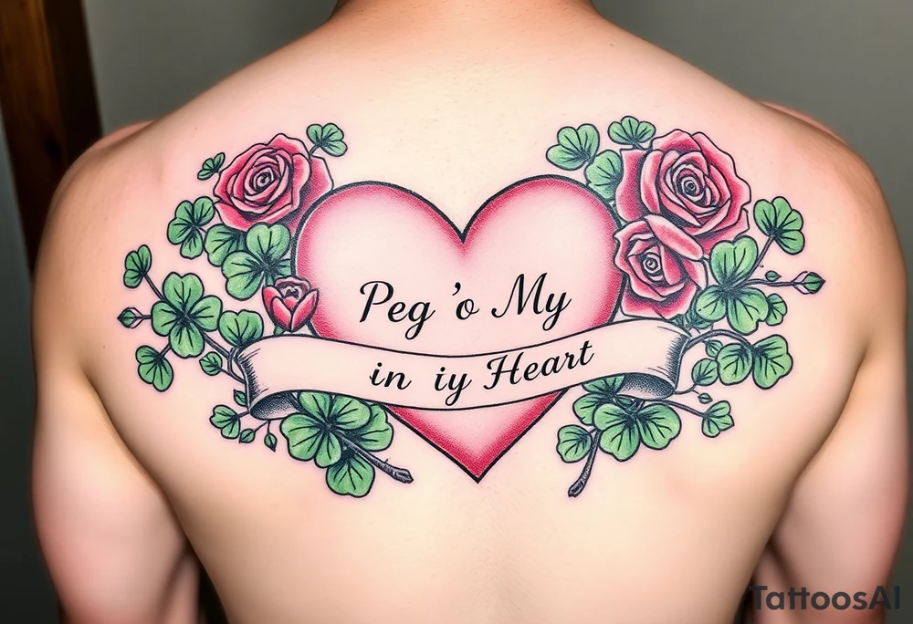 A lot of green shamrocks & a few red roses with a big Pink heart and a banner across the heart that says " Peg 'o My Heart" tattoo idea