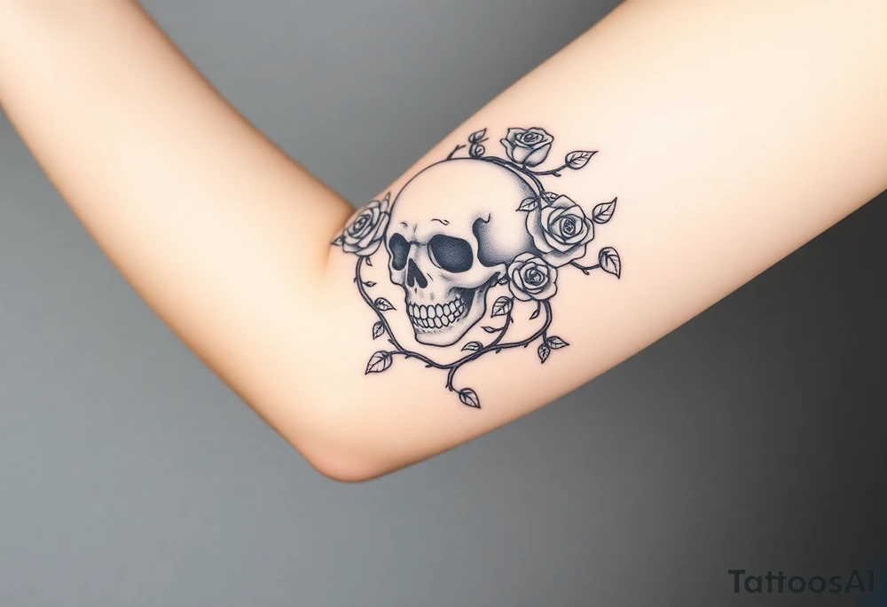 gothic skull intertwined with climbing roses and thorny vines tattoo idea