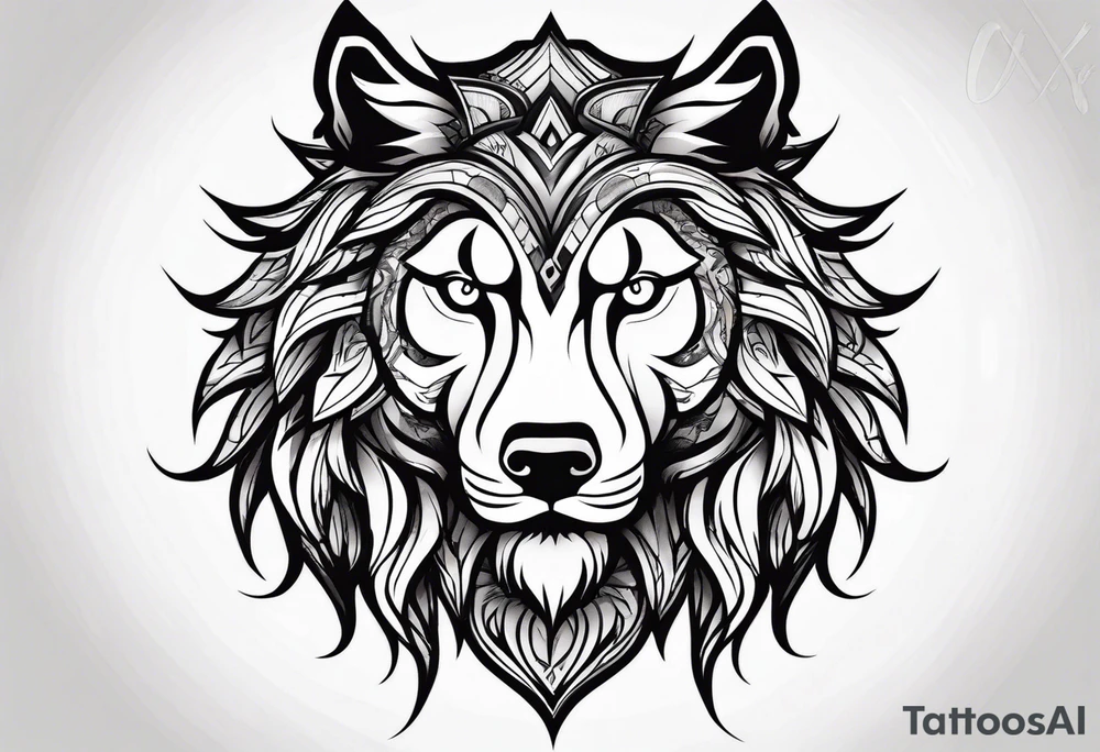 half lion half wolf head tattoo idea