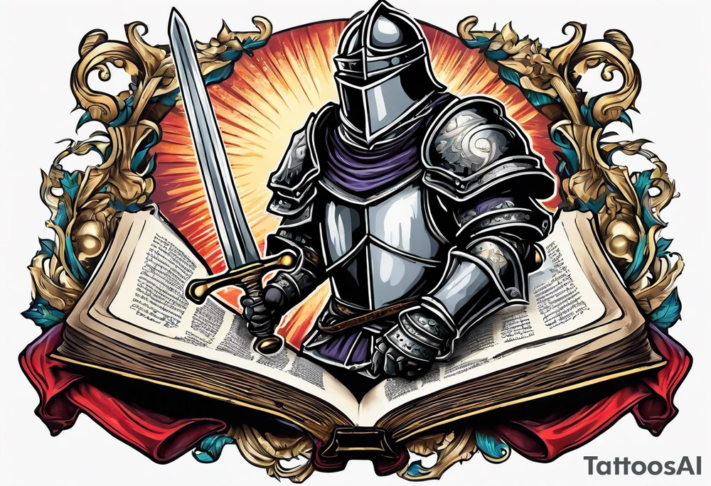 a knight pulling a sword out of an open bible tattoo idea