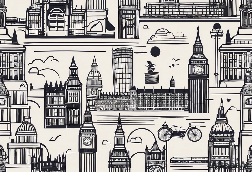 A minimalistic, abstract design capturing the architectural essence and vibe of London. Key elements of London’s skyline and structure are hinted at with clean lines, and subtle detailing includes personal touches, like a nod to Feid’s signature look (hat, glasses, mustache), integrated discreetly to honor a memorable concert experience. tattoo idea