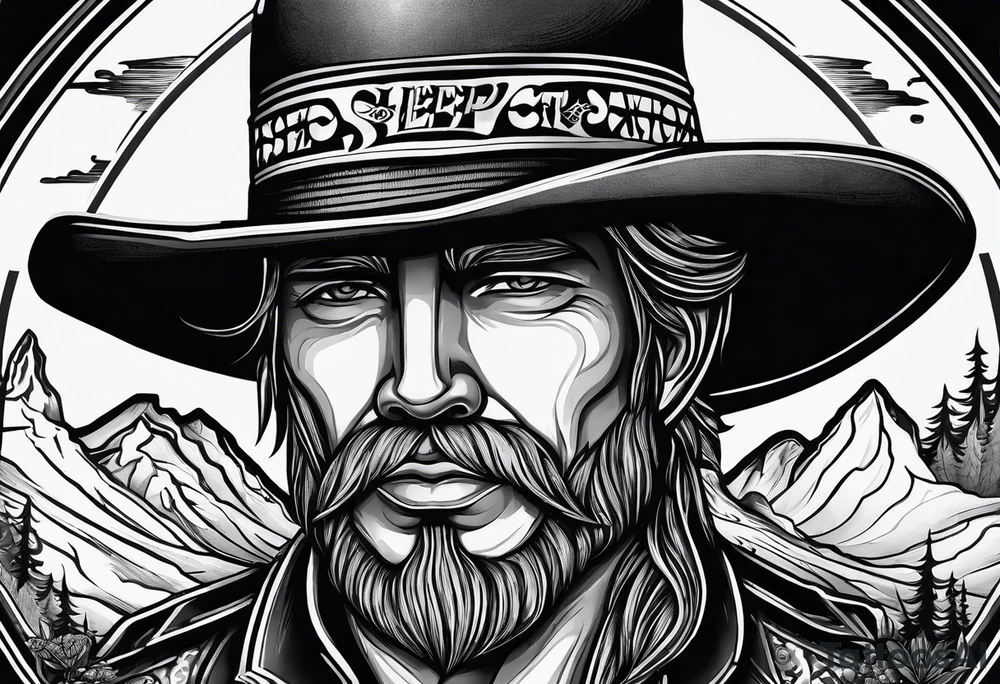 Ruggred cross with a cowboy hat that says sleep through the storm tattoo idea