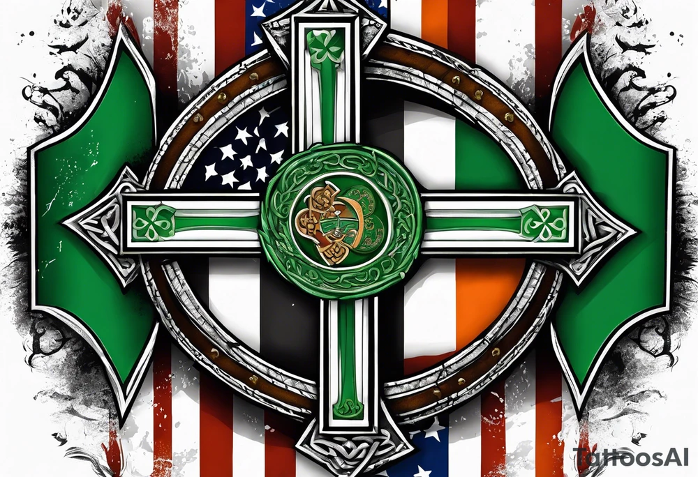 Celtics  cross with tattered anerican flag hanging over one and matching Irish flag on other tattoo idea