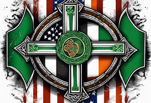 Celtics  cross with tattered anerican flag hanging over one and matching Irish flag on other tattoo idea