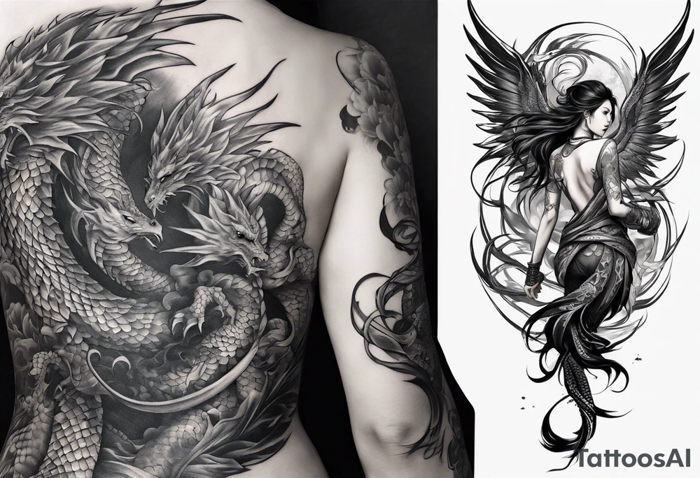 back tattoo of full body warrior nymph with dragon tattoo idea