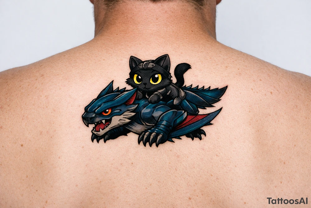 Minimalist fantasy tattoo flash illustration of a cute chibi Palico feline cat riding on the back of a sleek, simplified Nargacuga wyvern dragon. The Nargacuga is designed with smooth fluid linework, stylized with a rich mix of dark steel blue and deep teal color gradients. The Palico cat is matte black with large, bright glowing yellow eyes. Neo-traditional tattoo style, bold black outer linework, no fine micro-shading, high contrast, pure white background. tattoo idea