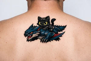 Minimalist fantasy tattoo flash illustration of a cute chibi Palico feline cat riding on the back of a sleek, simplified Nargacuga wyvern dragon. The Nargacuga is designed with smooth fluid linework, stylized with a rich mix of dark steel blue and deep teal color gradients. The Palico cat is matte black with large, bright glowing yellow eyes. Neo-traditional tattoo style, bold black outer linework, no fine micro-shading, high contrast, pure white background. tattoo idea