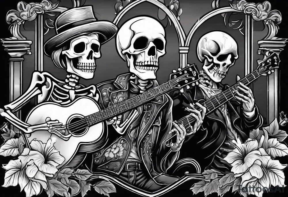 a bar scene with Western female and male skeletons. The female skeleton has hibiscus flowers for eyes, and the male skeleton plays the guitar. tattoo idea