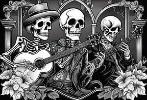 a bar scene with Western female and male skeletons. The female skeleton has hibiscus flowers for eyes, and the male skeleton plays the guitar. tattoo idea