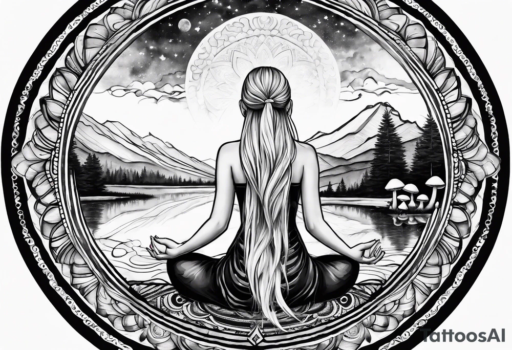Straight blonde hair girl meditating facing away toward mountains surrounded by mushrooms crescent moon mandala circular design black and white striped dress tattoo idea