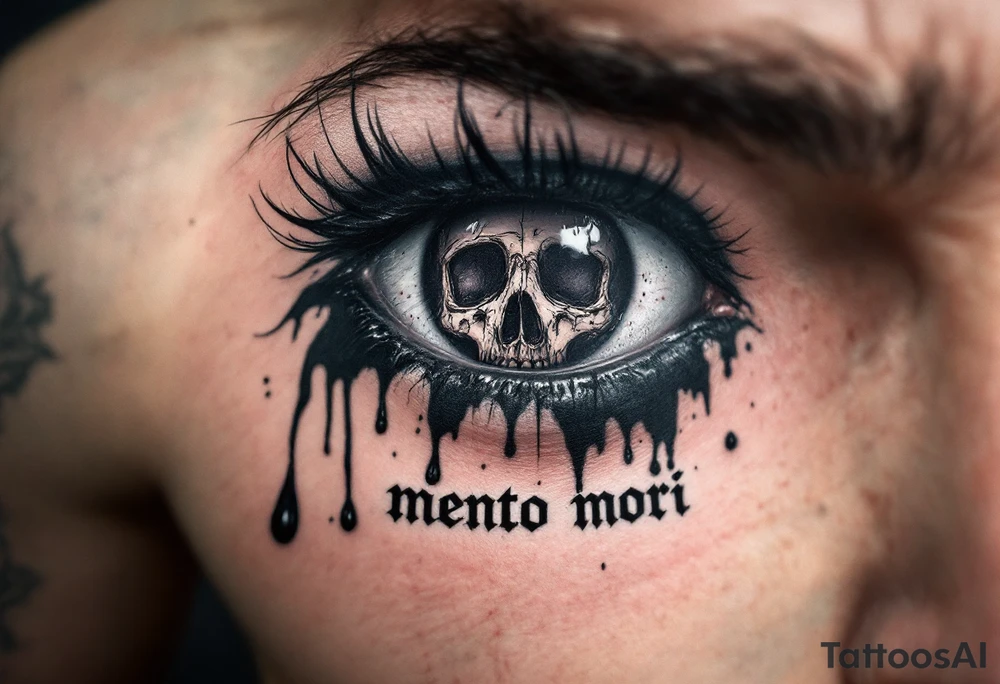 A realistic eye crying black ink tears, reflecting a skull in its pupil, with "memento mori" in gothic font below. tattoo idea