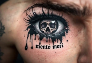 A realistic eye crying black ink tears, reflecting a skull in its pupil, with "memento mori" in gothic font below. tattoo idea