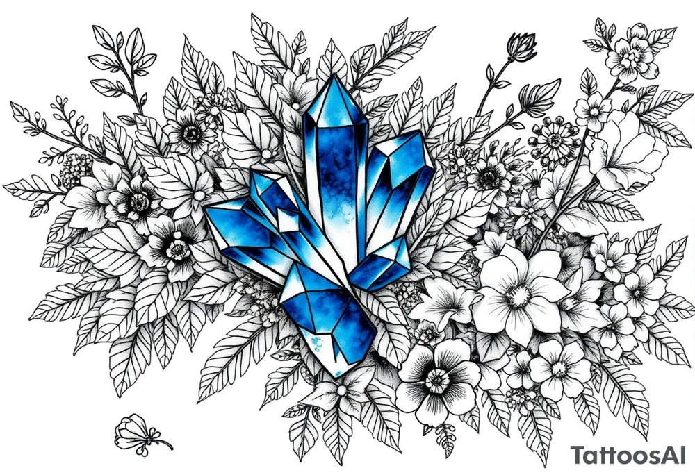 cluster of three vibrant blue crystals interwoven between foliage so that it looks like the leaves and foliage and flowers are weaving in and out and wrapping around the crystals. 

Surround these with a dense arrangement of black-and-grey foliage, flowers, and shrubs. The crystals should be faceted, standing out vividly in blue against the surrounding monochrome elements.

Integrate additional smaller crystal clusters (each with 3–4 crystals) throughout the foliage, but render these in fine black-and-grey linework so they blend naturally with the botanical elements. Use dotwork and fine shading for depth, with clean linework that balances organic foliage with the sharp geometry of the crystals.

All elements are black and grey except the main central crystal cluster, which is a striking blue. tattoo idea