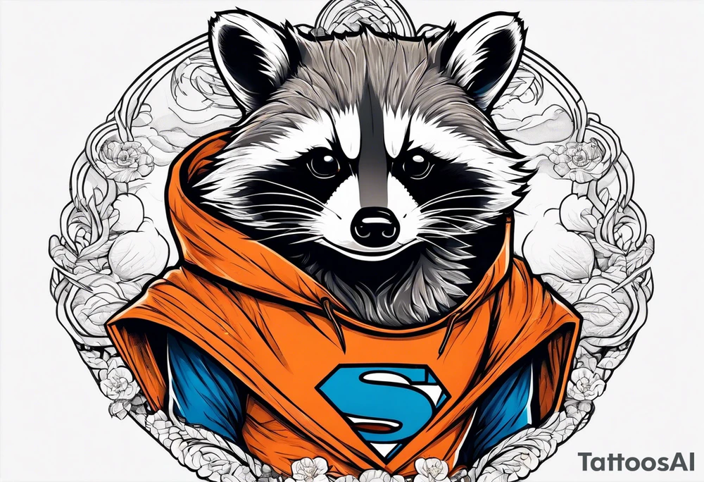 Raccoon wearing an orange Superman hoodie tattoo idea