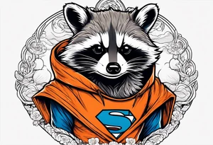 Raccoon wearing an orange Superman hoodie tattoo idea