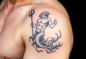 Arm tattoo with a young poseidon showing torso with the trident and lower down sea creatures swirling around him tattoo idea