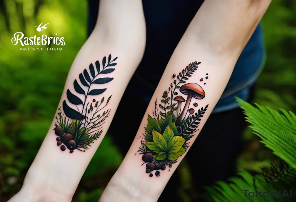 minimalistic forest floor inspired tattoo, which includes grass, moss, curly ferns and dead leaves as the bulk of the tattoo. details to include: forest berries, couple of very small brown mushrooms, a tiny bumblebee flying nearby tattoo idea