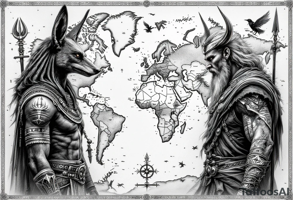 Design a full-back tattoo in a hyper-realistic style. The central background is a detailed geographical map, showcasing continents, oceans, and subtle topographical details, blending seamlessly into the composition. On the left side, Anubis, the ancient Egyptian god of the afterlife, is depicted in striking realism, standing tall with a jackal head, wearing traditional Egyptian armor and holding an ankh and a scepter. On the right side, Odin, the Norse Allfather, is shown in battle, wielding his spear Gungnir, with his ravens, Huginn and Muninn, flying around him. Odin’s intense expression and flowing cloak contrast with Anubis's stoic, watchful presence. The two figures face each other across the map, creating a dynamic tension, as if representing two powerful mythologies guarding the world. The design incorporates fine details and shading to bring depth and texture to the tattoo, emphasizing realism and artistry tattoo idea