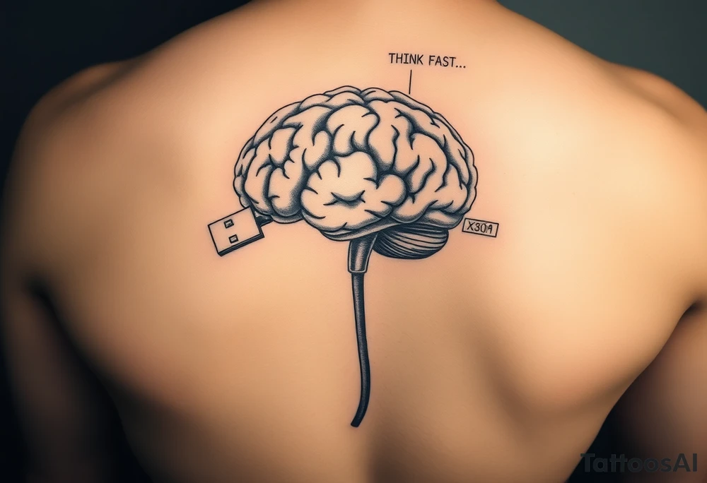 A Floating Brain with a USB Plug
A realistic human brain floating in the air, connected to a thick USB cable instead of a spine.
Holographic data streams running from it, displaying error codes or stock market numbers.
Could have a phrase like “THINK FAST” or “UPLOADING…”. tattoo idea