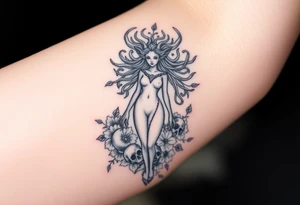 Ethereal Medusa standing. She is beautiful and feminine. She is a phoenix rising from fire and ash. Surrounded by flowers and skulls tattoo idea
