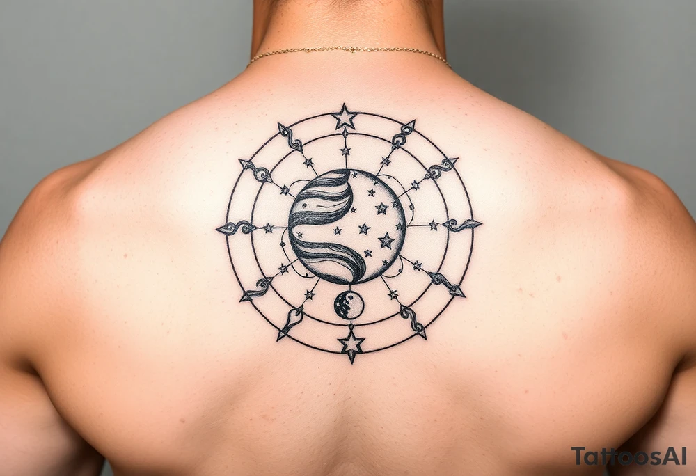 Zodiac constellation with Jupiter mars and the moon with lots of stars tattoo idea