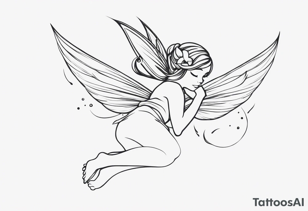 Minimalistic, monochromatic fairy with a tail flying to the left in a fetal position, leaning and looking in the same direction, with visible hands, embodying the 'Fairy Tail' logo aesthetic. tattoo idea