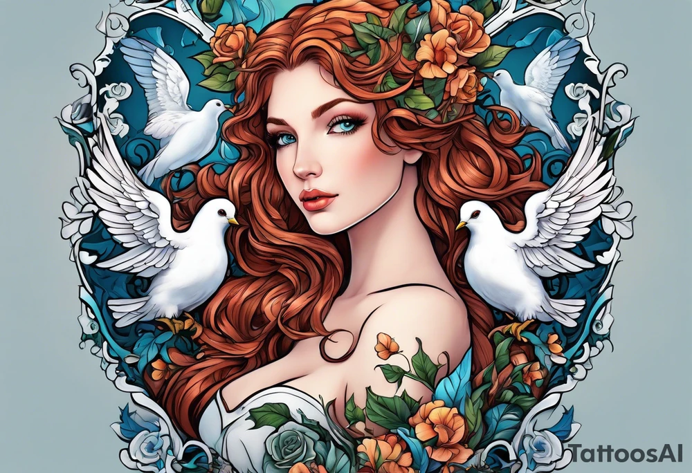 Aphrodite with auburn hair and ocean-blue eyes surrounded with doves and poison ivy sitting on a heart tattoo idea