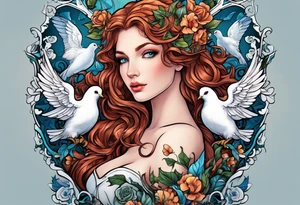 Aphrodite with auburn hair and ocean-blue eyes surrounded with doves and poison ivy sitting on a heart tattoo idea