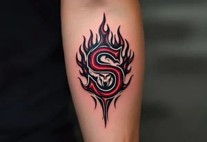 AC Sparta’s iconic maroon "S" surrounded by black tribal flames for a fierce football allegiance. tattoo idea