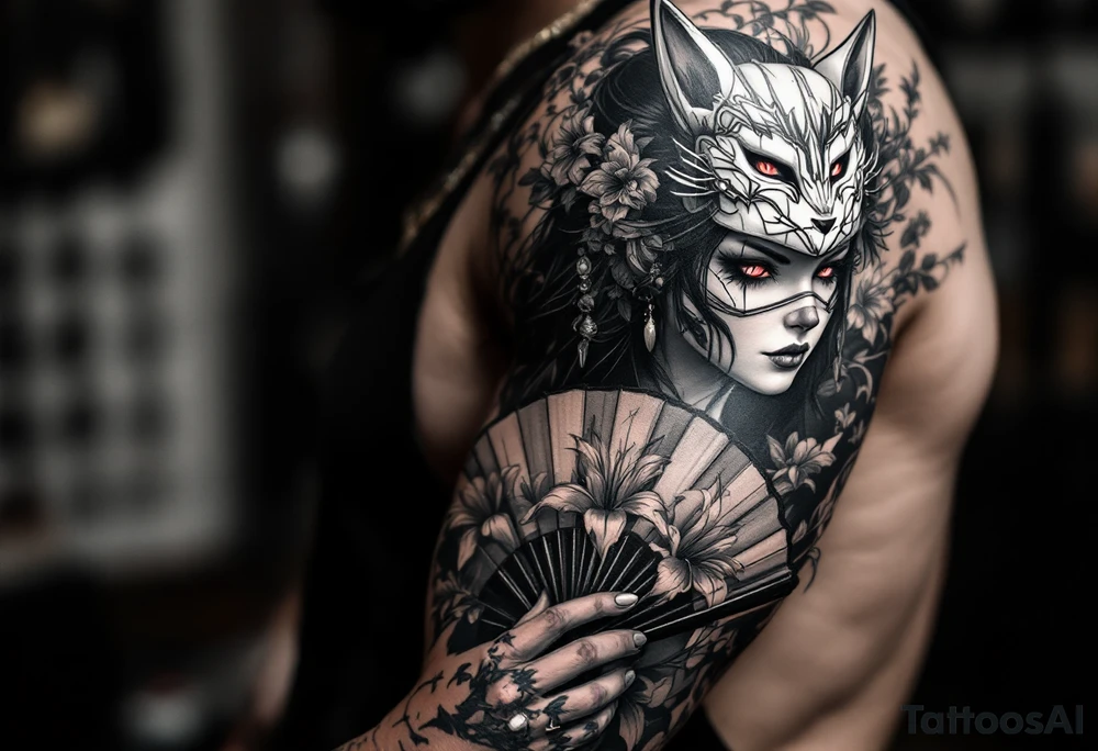 japanese samurai woman with red eyes wearing a kitsune half-mask and holding a fan with irises flowers ornement tattoo idea