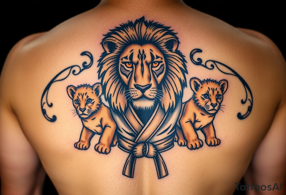 Lion wearing a Brazilian jiu jitsu gi as a person would along side his two cubs who are wearing the same attire. The surrounding area is the sarenghetti tattoo idea