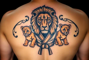 Lion wearing a Brazilian jiu jitsu gi as a person would along side his two cubs who are wearing the same attire. The surrounding area is the sarenghetti tattoo idea