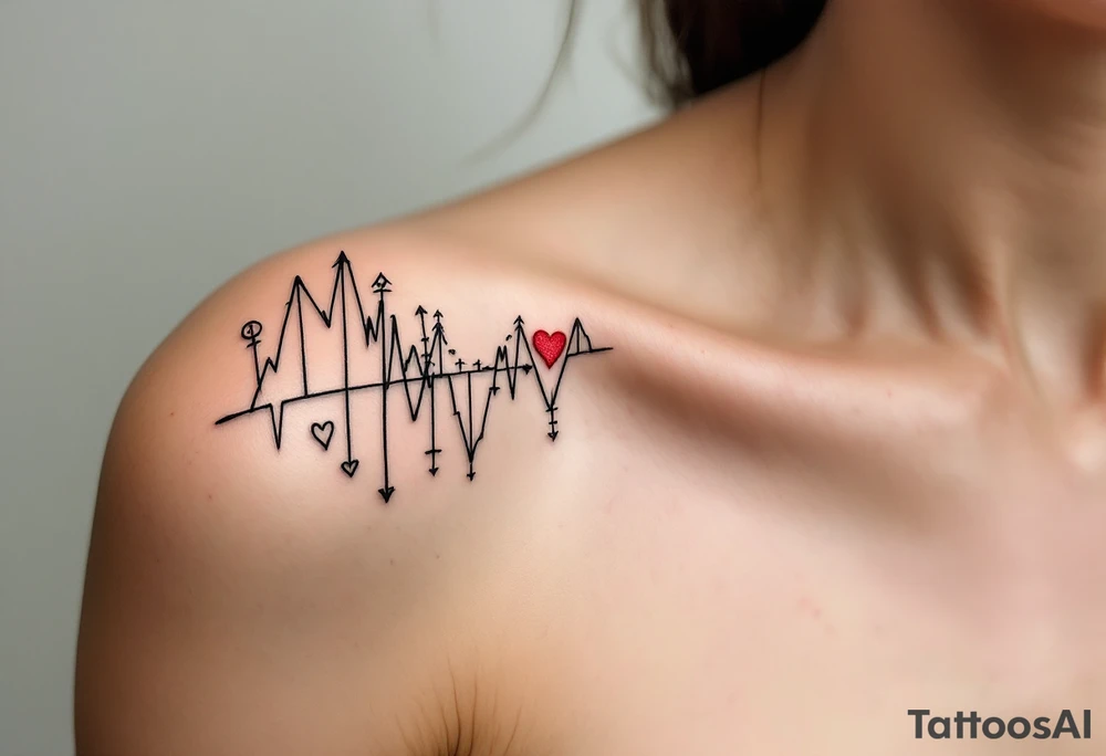 Black fine-line coordinates on both partnes shoulders with a tiny red heart on the collarbone mark where your love began. tattoo idea