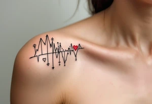Black fine-line coordinates on both partnes shoulders with a tiny red heart on the collarbone mark where your love began. tattoo idea