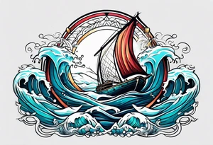 Trident with waves crashing and Atlantis in the background tattoo idea