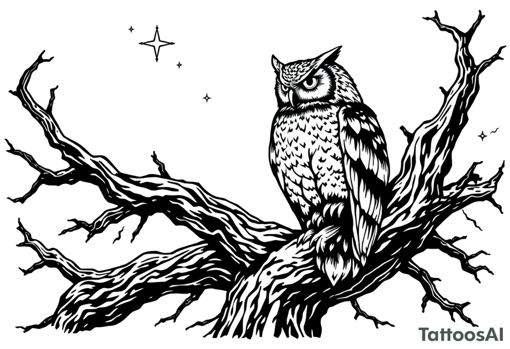 wise owl perched on ancient oak branch under starlit sky tattoo idea