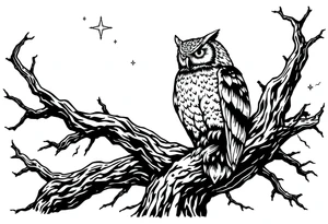 wise owl perched on ancient oak branch under starlit sky tattoo idea