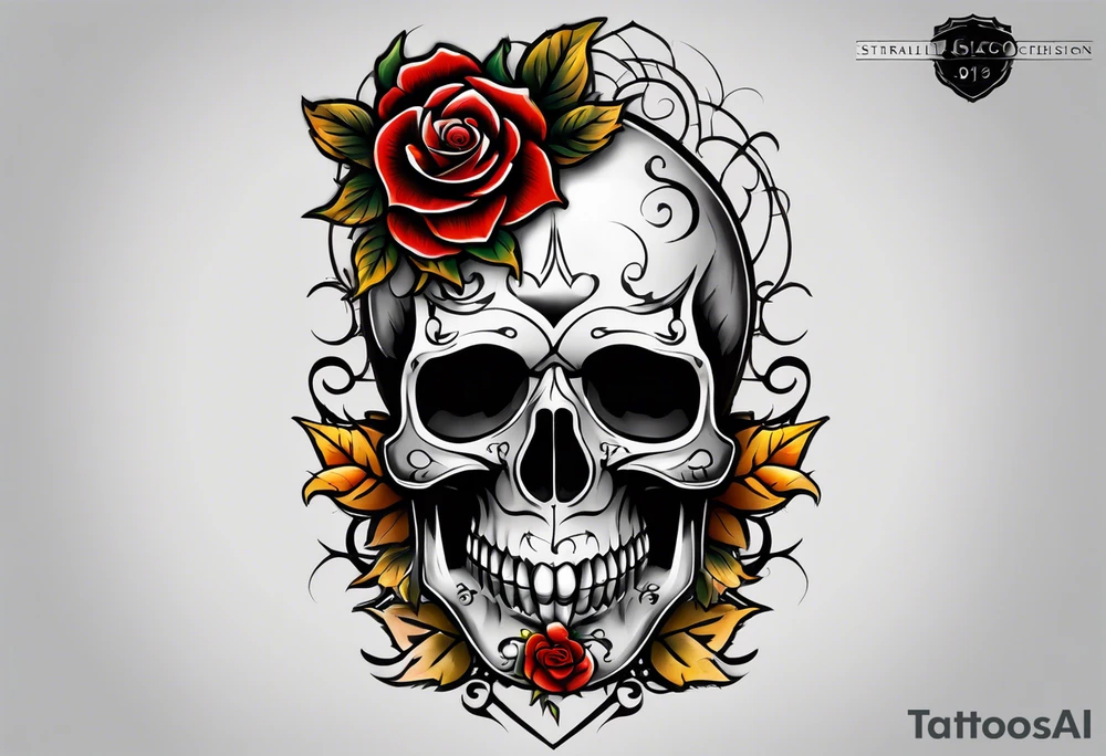 traditional Knee tattoo in fall colors showing a large skull with a rose in the style of Mark Mahoney tattoo idea