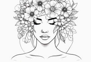 fine line tattoo with woman facing forward flowers covering her eyes and forehead with flowers growing out of her head tattoo idea