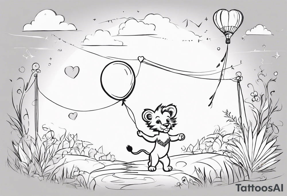 tatoo in sketch style only.
A little lion boy is holding a string to the hearth shaped small party baloon.
lion boy should be drawed from behind and has one hand reaching up in 45 degree angle and holding the baloon string
On the string is a wave which look like a hearbeat pulse.
draw it without any scenery, without any background. Just a boy 
Add heartbeat pulse on the string tattoo idea