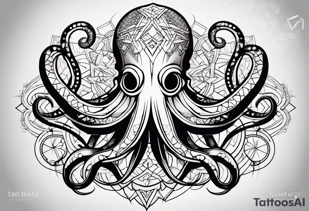 An octopus depicted with geometric shapes and lines, creating a modern and abstract design that highlights the symmetry and natural geometry of its form. tattoo idea