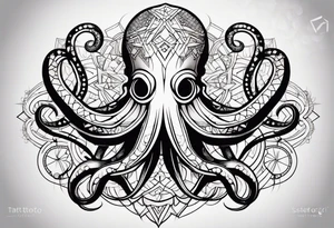 An octopus depicted with geometric shapes and lines, creating a modern and abstract design that highlights the symmetry and natural geometry of its form. tattoo idea