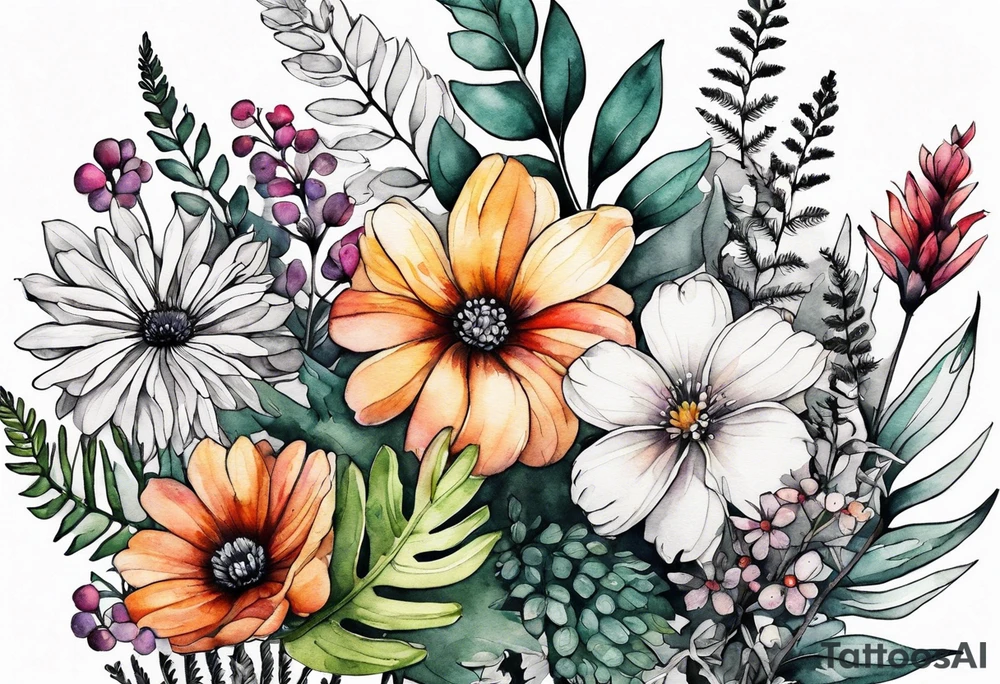 Handful of wild flowers with ferns all watercolor tattoo idea
