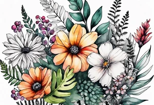 Handful of wild flowers with ferns all watercolor tattoo idea