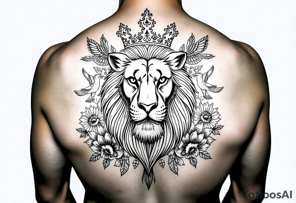 powerful majestic lion with a crown, surrounded by floral ornaments and birds tattoo idea