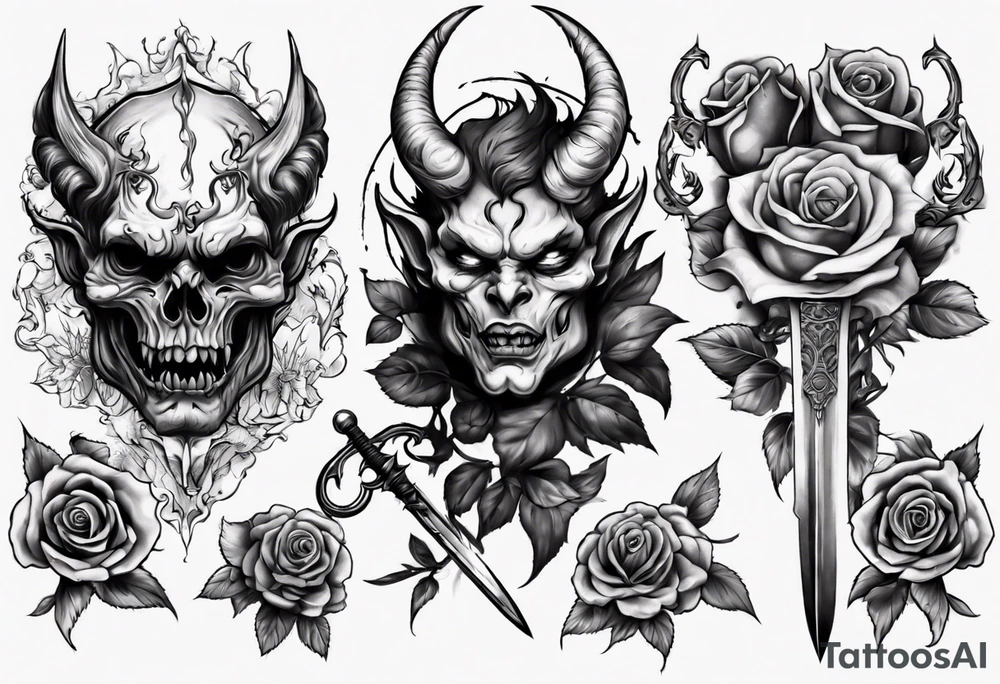 Demon with roses and sword tattoo idea