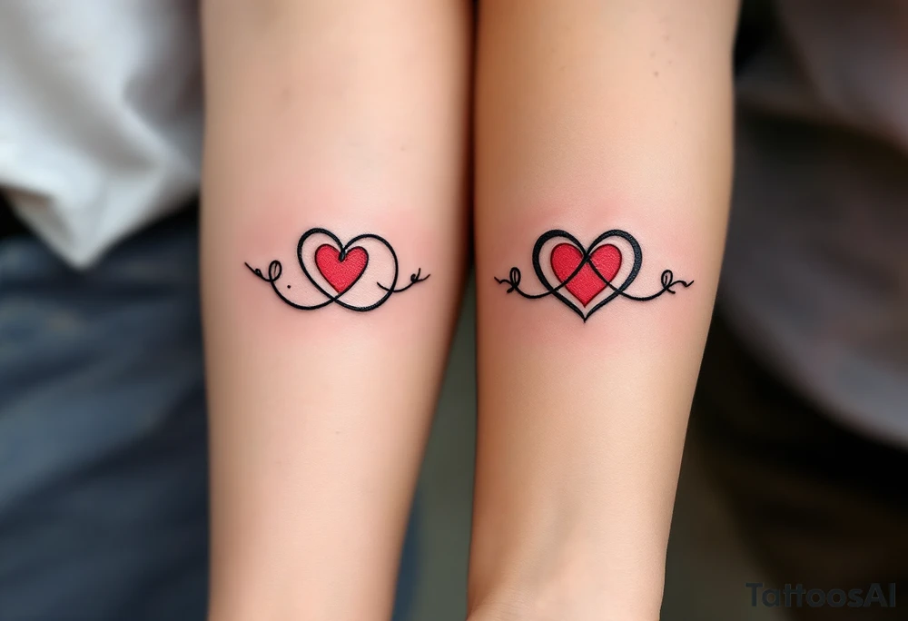 A matching couple’s design: black infinity loops with mirrored crimson hearts in the center. tattoo idea
