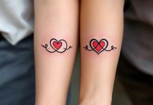 A matching couple’s design: black infinity loops with mirrored crimson hearts in the center. tattoo idea
